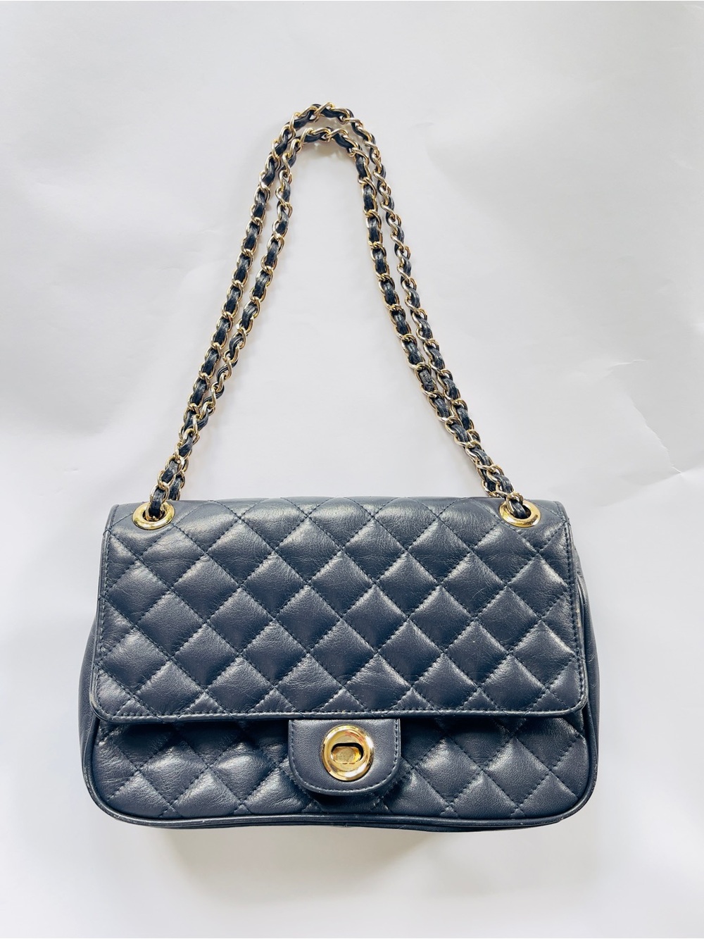 Quilted Navy Shoulder Bag with Gold Chain Strap by I Magnin Design Studio